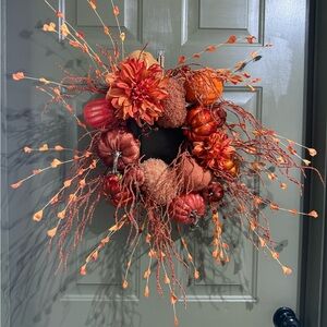 Rustic Orange Pumpkin Fall Wreath with Faux Florals